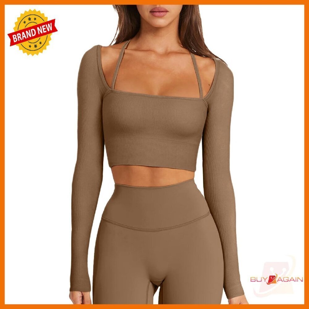Seamless Ribbed Crop Top Long Sleeve Workout Yoga Built-in Bra